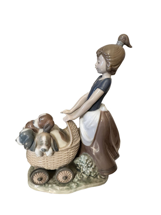 Vintage Lladro Porcelain Sculpture/ Figurine “Litter Of Fun, Girl With Puppies”. 8.6in Tall . Hand Painted in Spain, No Box-EZ Jewelry and Decor