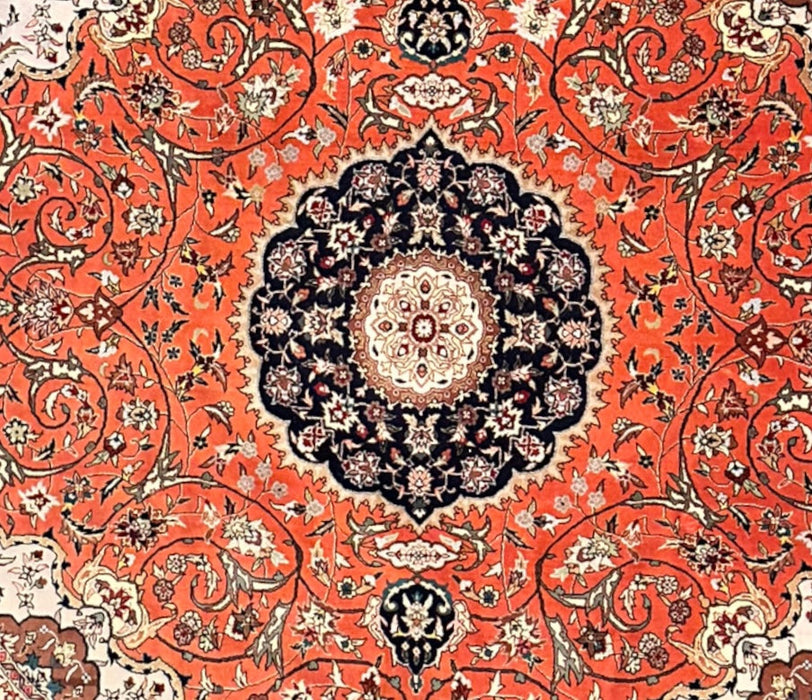 Vegetable Dye Chinese Hand-knotted Kashan Design Round Silk and Wool Red Rug, 8’3”-EZ Jewelry and Decor