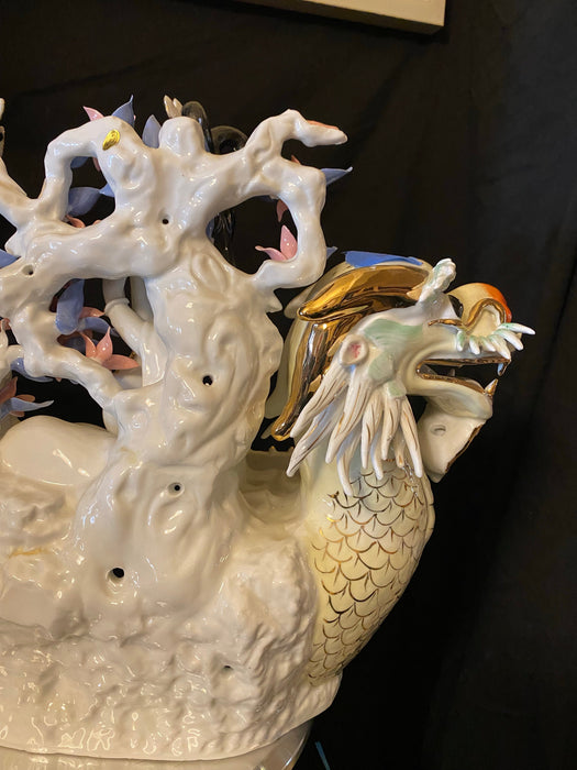 Vintage Handcrafted, Hand Painted, Porcelain Statue, Signed By a Chinese Master. Porcelain Figurine. Ladies Playing Instruments in Dragon Float (Large)-EZ Jewelry and Decor