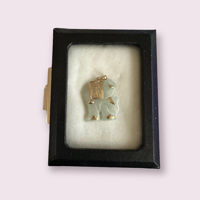 Jade and Gold Good Luck Elephant Charm Pendant 10k Gold and Jade. Vintage Hand Carved Jade Elephant Pendant 1.25in, Come In Gift Box-EZ Jewelry and Decor