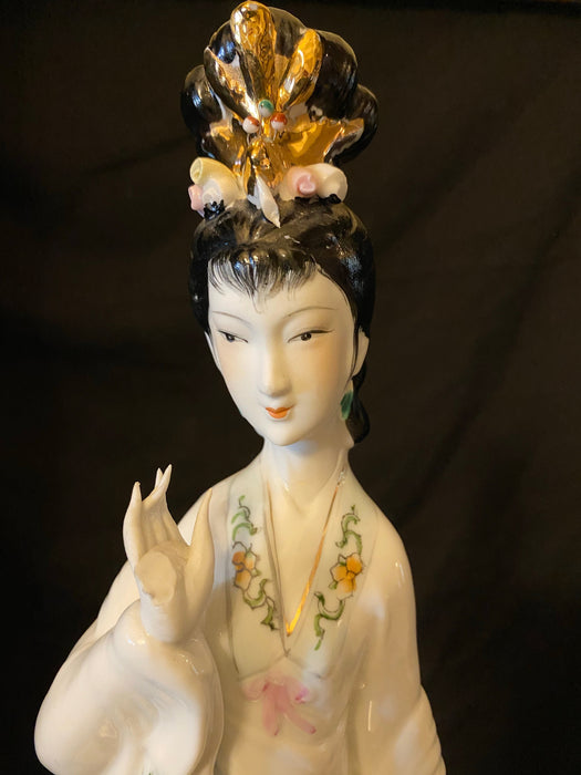 Vintage Handcrafted, Hand Painted, Porcelain Statue, Signed By a Chinese Master. Porcelain Figurine. A Chinese lady with Pink Flower-EZ Jewelry and Decor
