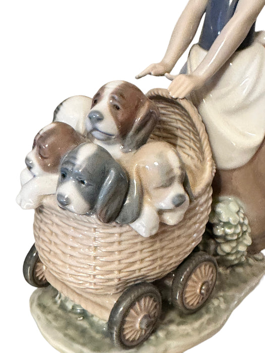 Vintage Lladro Porcelain Sculpture/ Figurine “Litter Of Fun, Girl With Puppies”. 8.6in Tall . Hand Painted in Spain, No Box-EZ Jewelry and Decor
