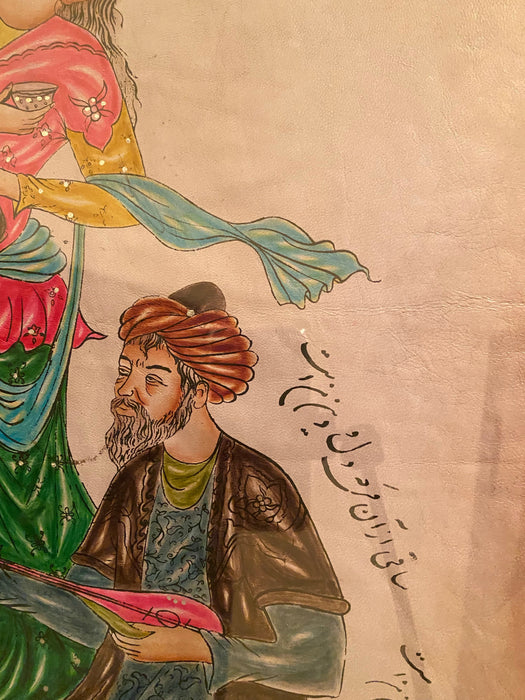 Gol Chehreh, Enjoying Life, Framed Original Persian Miniature on Leather, Omar Khayam  Poems Calligraphy. 34” x 29.5”, Signed-EZ Jewelry and Decor