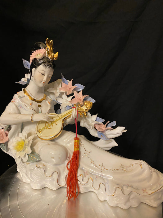 A Geisha Playing Music Porcelain Figurine. Handcrafted and signed. Vintage15.5"-EZ Jewelry and Decor