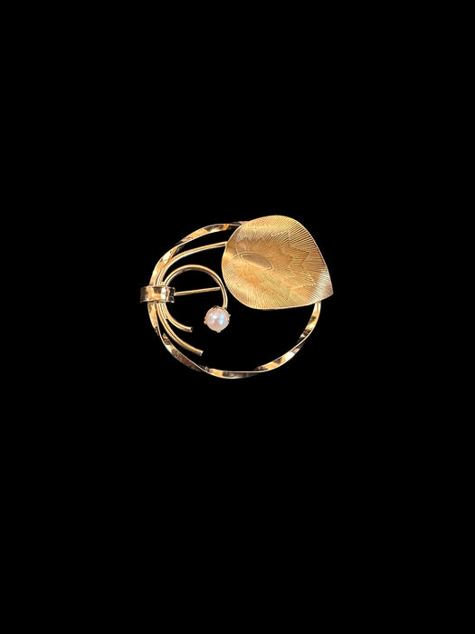 Chic 12k GE Brooch, Round Golden Floral Brooch with a Golden Leaf and a Pearl in Center. 1.5”, Gift Boxed-EZ Jewelry and Decor