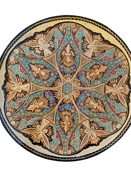 Hand Crafted, Hand Painted Persian Plate. Engraved (Ghalamzani) & Paint on Copper.  Wall/ Art Décor. 13.5”-EZ Jewelry and Decor