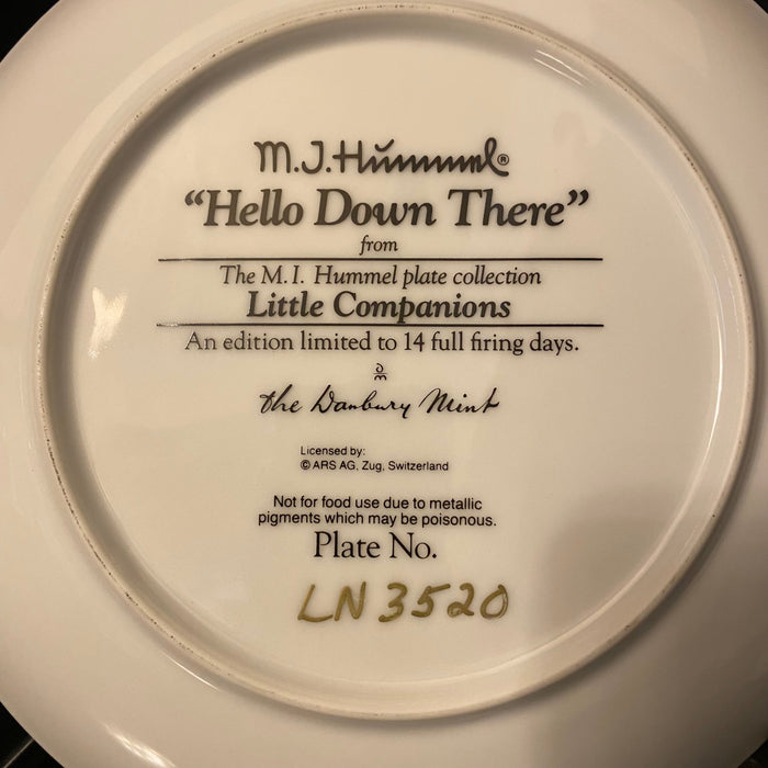 Vintage The Danbury Mint-  M I Hummel Plate- Little Companions Collection 1990 “Hello Down There” – 8”-EZ Jewelry and Decor