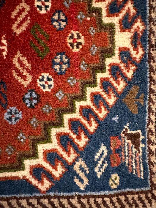 Small Hand Knotted Persian Rug, Bakhtiari Design Small Wool Rug, Blue and Red Geometric Rug, 17” x 15”-EZ Jewelry and Decor