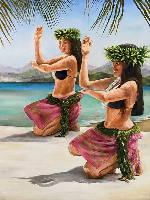 L. Beana, Tell Me a Story, Original Oil Painting.  24” x 20”, Hawaii Dance-EZ Jewelry and Decor