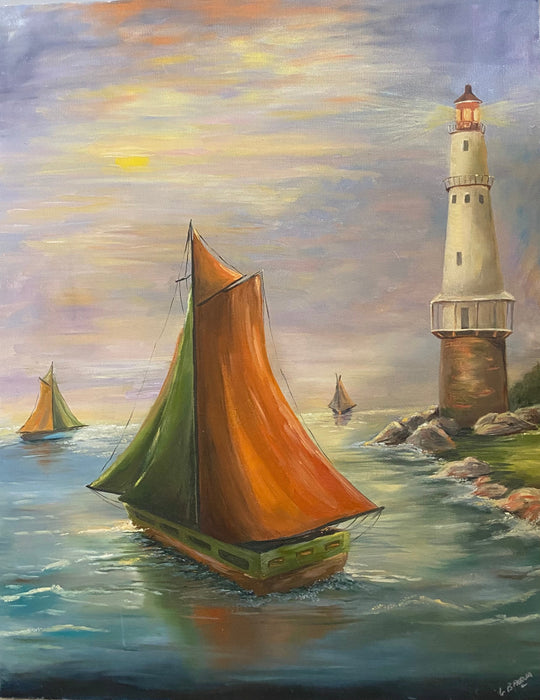 Light House and Boat, Acrylic painting Framed Original Painting. 20” x 16”-EZ Jewelry and Decor