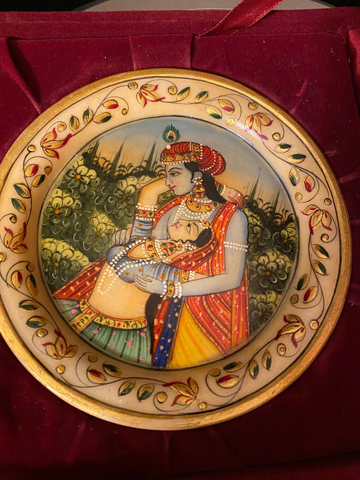 Vintage Hand Painted Indian Miniature On Marble Plate In A Velvet Box, 5.75”-EZ Jewelry and Decor