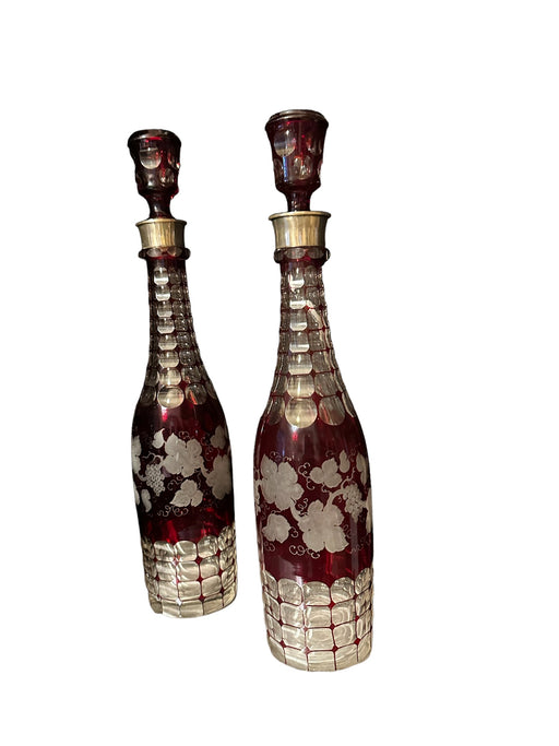 Vintage Two Crystal Decanters with stoppers From Prague, Czechoslovakia 13.75”- 14.5”-EZ Jewelry and Decor