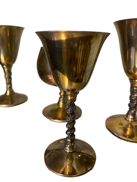 Vintage Set of  Falstaff Silver Platted Cups, Made in Spain, set of 5 cups Goblet Grapevine Stem, two 5.25”  tall, two 4.5”, one 4”-EZ Jewelry and Decor