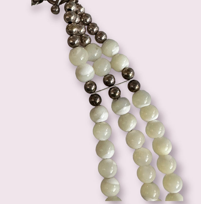 VTG Gorgeous Three Strand Necklace In Mother Of Pearl And Sterling Silver Necklace 16in Come In Gift Bag. Vintage 3 Strand Choker Necklace With Sterling And Mother Of Pearl Beads.-EZ Jewelry and Decor