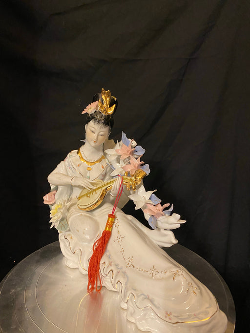 A Geisha Playing Music Porcelain Figurine. Handcrafted and signed. Vintage15.5"-EZ Jewelry and Decor