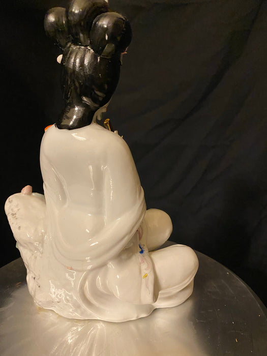 Vintage Chinese Lady Playing Flute, Hand crafted Porcelain Asian Figurine. signed. 10.5"-EZ Jewelry and Decor