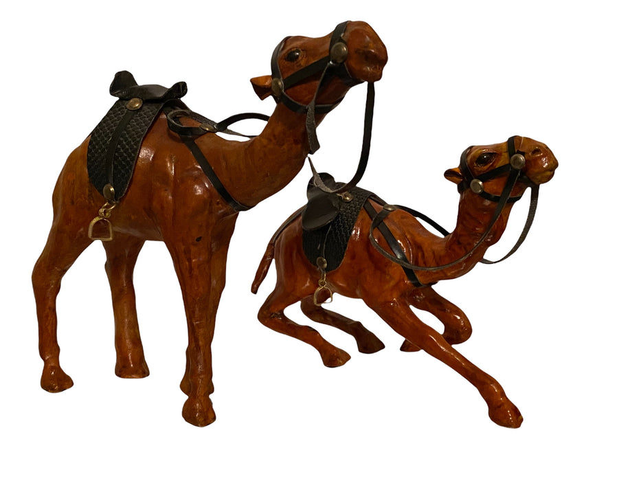 Vintage Two Leather Camels, Hand Crafted 7.5”T & 5.75” T-EZ Jewelry and Decor