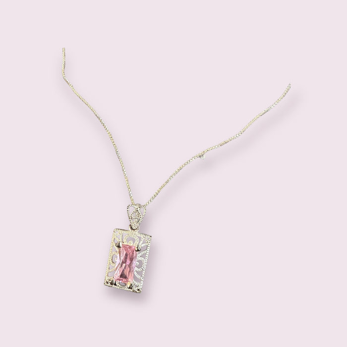 Beautiful Sterling Silver Necklaces With Rare Pink Stones (16in L) , Square Quartz Gemstone-EZ Jewelry and Decor