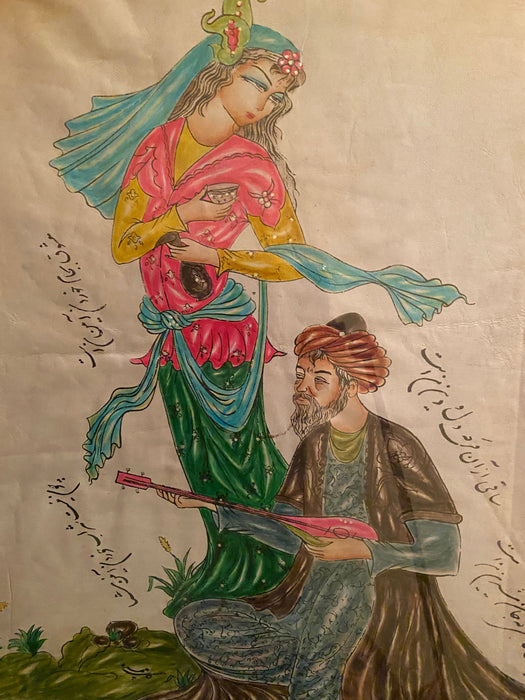 Gol Chehreh, Wine & Love, Framed Original Persian Miniature on Leather, Omar Khayam  Poems Calligraphy. 36” x 29.5”, Signed-EZ Jewelry and Decor