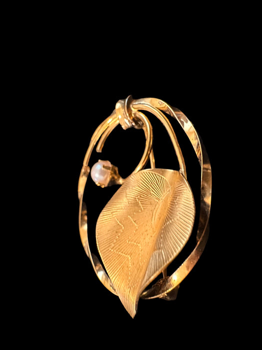 Chic 12k GE Brooch, Round Golden Floral Brooch with a Golden Leaf and a Pearl in Center. 1.5”, Gift Boxed-EZ Jewelry and Decor