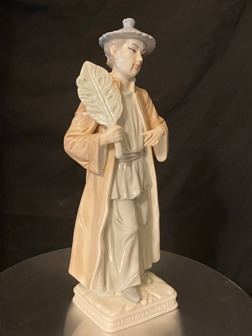 Vintage Japanese Porcelain Figurine Man with Fan 3.5in wide at base x 11in tall . Mad2 in Japan-EZ Jewelry and Decor