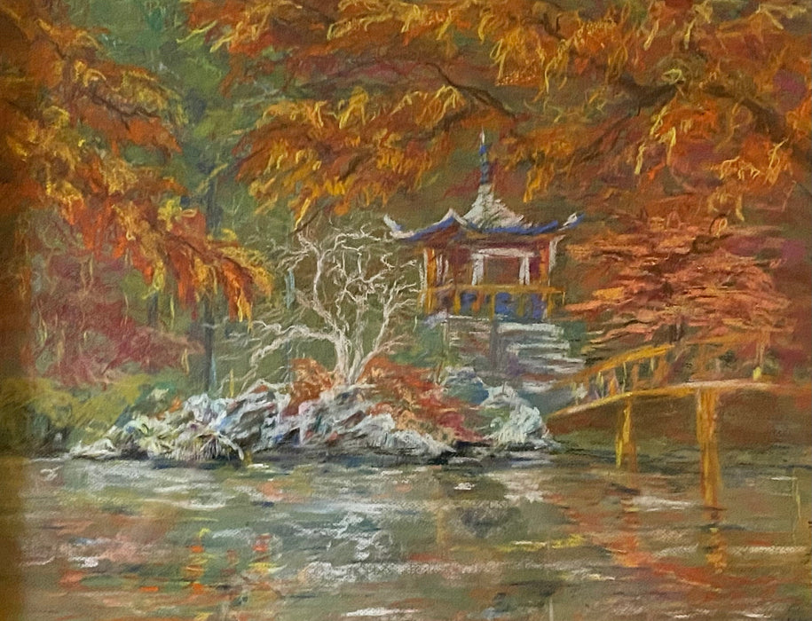 R. Mansourkhani, Japanese Temple, Framed Original Pastel Painting/ Drawing. 24’’ x 28”-EZ Jewelry and Decor