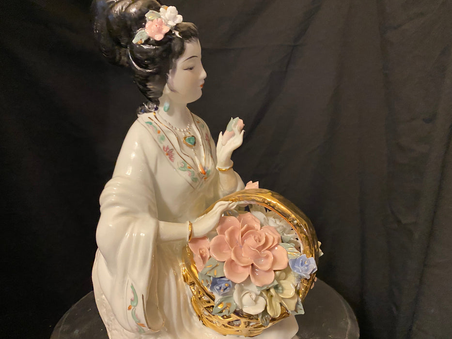 A Geisha Sitting with a Basket of Flowers.  Handcrafted, Hand Painted Porcelain Statue, Signed By a Chinese Master. 12"-EZ Jewelry and Decor