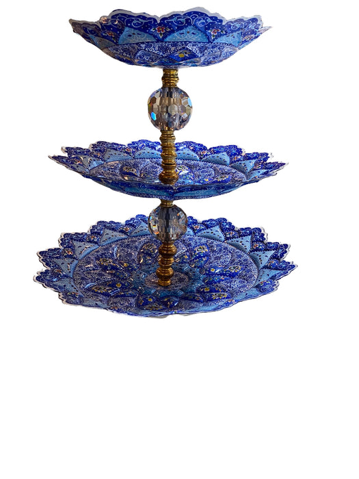 Minakari Persian Enamel Cake Stand, Hand Crafted, Hand Painted, Signed. 15”T-EZ Jewelry and Decor