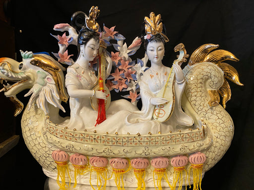 Vintage Handcrafted, Hand Painted, Porcelain Statue, Signed By a Chinese Master. Porcelain Figurine. Ladies Playing Instruments in Dragon Float (Large)-EZ Jewelry and Decor