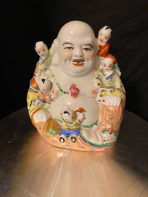 Vintage Chinese Laughing Buddha Fertility Sculpture. Chinese Famille Rose Republic Period Porcelain Buddha Kids Statue 7"-EZ Jewelry and Decor