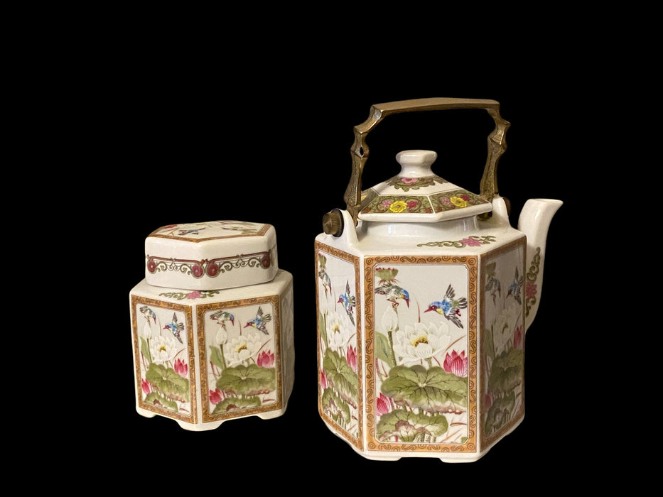 Vintage Oriental Porcelain Teapot & Jar, Hand Painted Teapot 6.75”, Jar 4”-EZ Jewelry and Decor