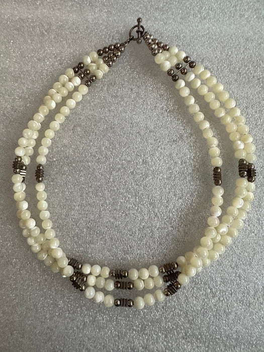 VTG Gorgeous Three Strand Necklace In Mother Of Pearl And Sterling Silver Necklace 16in Come In Gift Bag. Vintage 3 Strand Choker Necklace With Sterling And Mother Of Pearl Beads.-EZ Jewelry and Decor