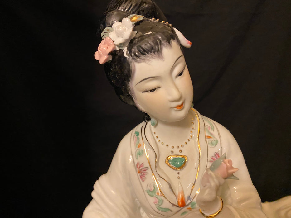 A Geisha Sitting with a Basket of Flowers.  Handcrafted, Hand Painted Porcelain Statue, Signed By a Chinese Master. 12"-EZ Jewelry and Decor