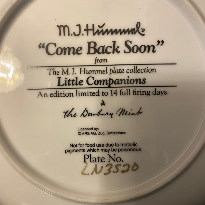 Vintage The Danbury Mint-  M I Hummel Plate- Little Companions Collection ”Come Back Soon” – 8”- 1991-EZ Jewelry and Decor