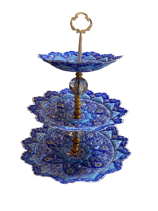 Minakari Persian Enamel Cake Stand, Hand Crafted, Hand Painted, Signed. 15”T-EZ Jewelry and Decor